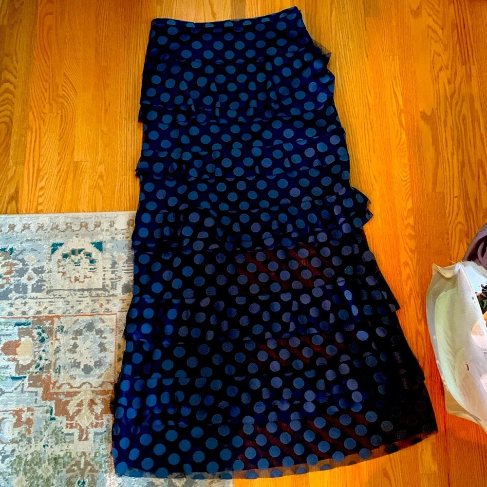 Blue polka dot tiered floor length skirt
